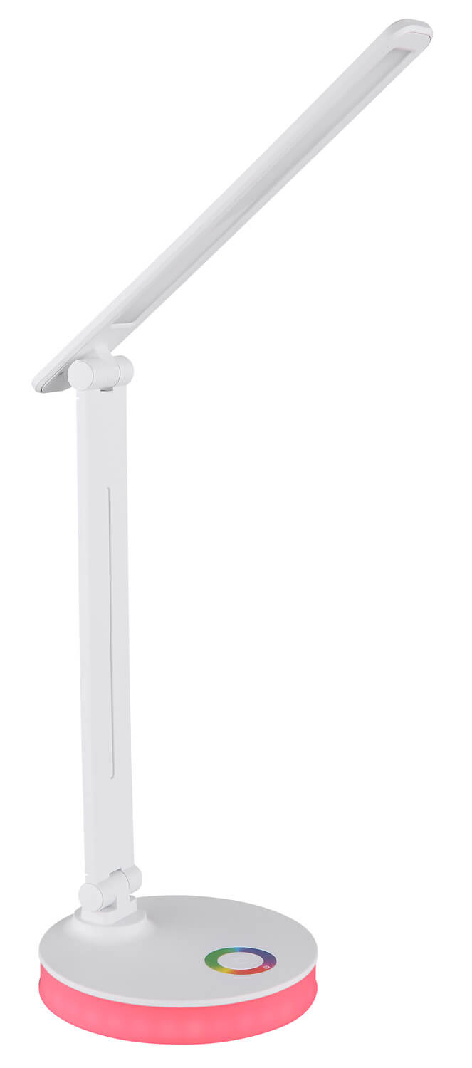 Lampe blanche avec base lumineuse rose, cercle tactile multicolore, tête LED orientable inclinée.