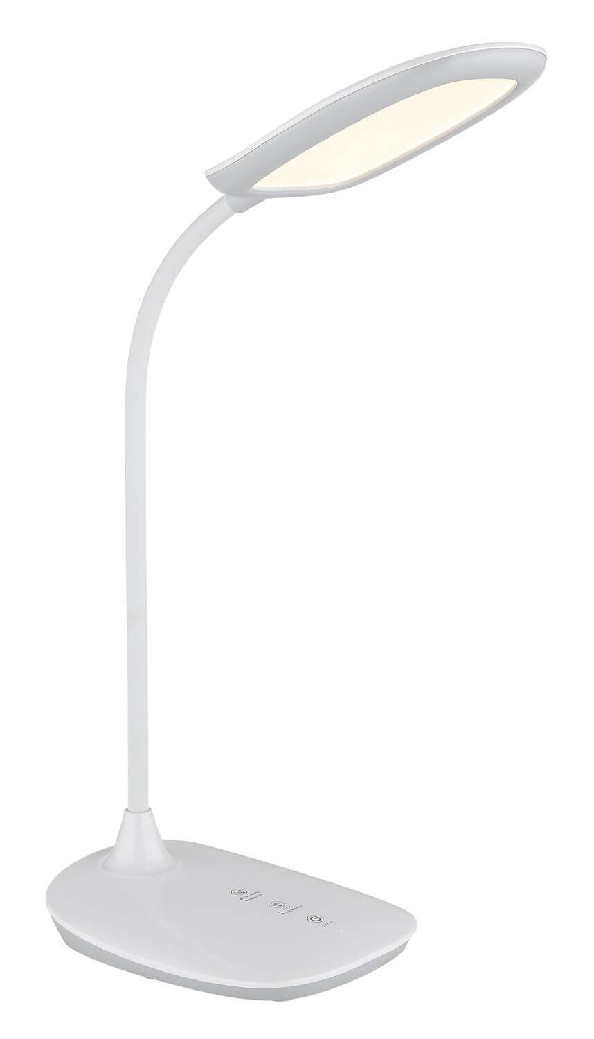 Vue de trois quarts de la lampe blanche au col fin et flexible.