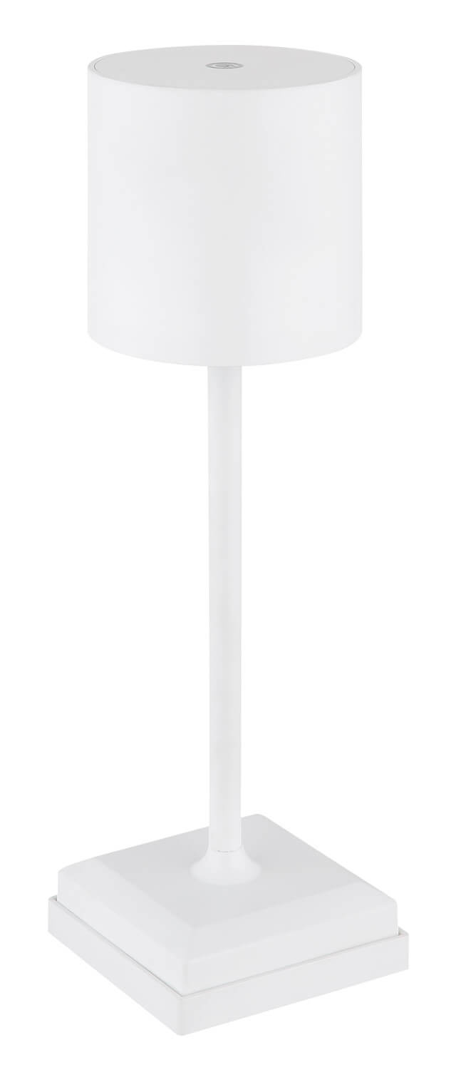 Présentation du luminaire blanc mat, abat-jour cylindrique et socle carré étagé de face.