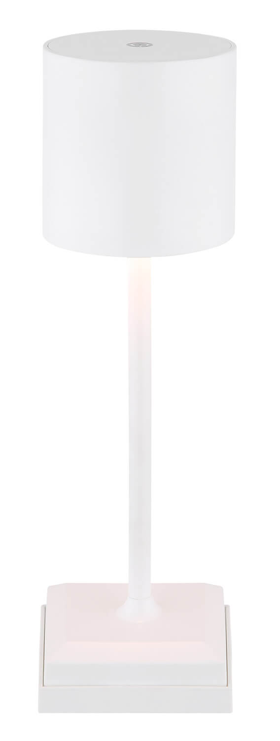 Détail du socle carré blanc et du pied cylindrique de cette lampe à poser.