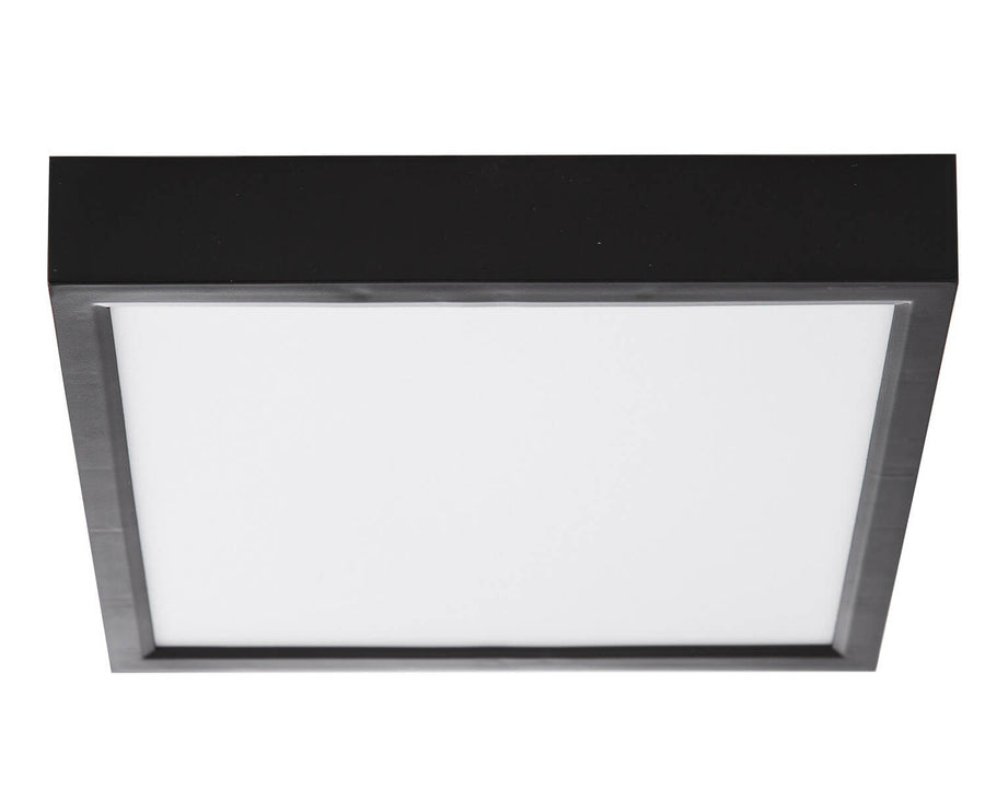 Vue de face du plafonnier carré noir avec diffuseur blanc et cadre épais
