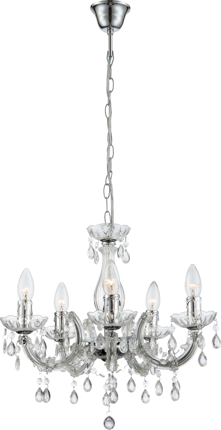 Vue de face de la suspension transparente avec ses cinq ampoules et ses pendentifs.