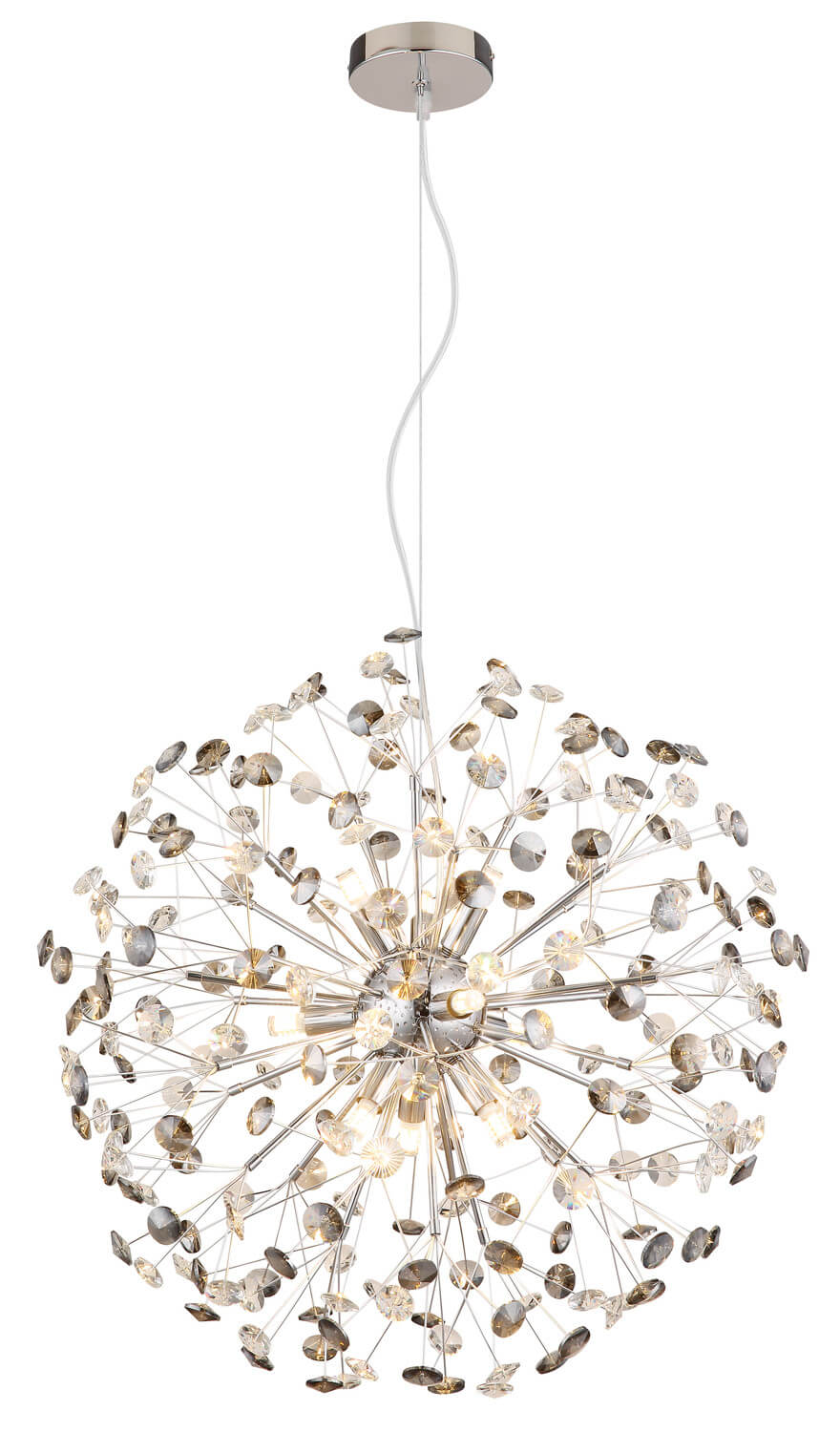 Vue d'ensemble du luminaire suspendu, câble torsadé et rosace métallique chromée fixée au plafond