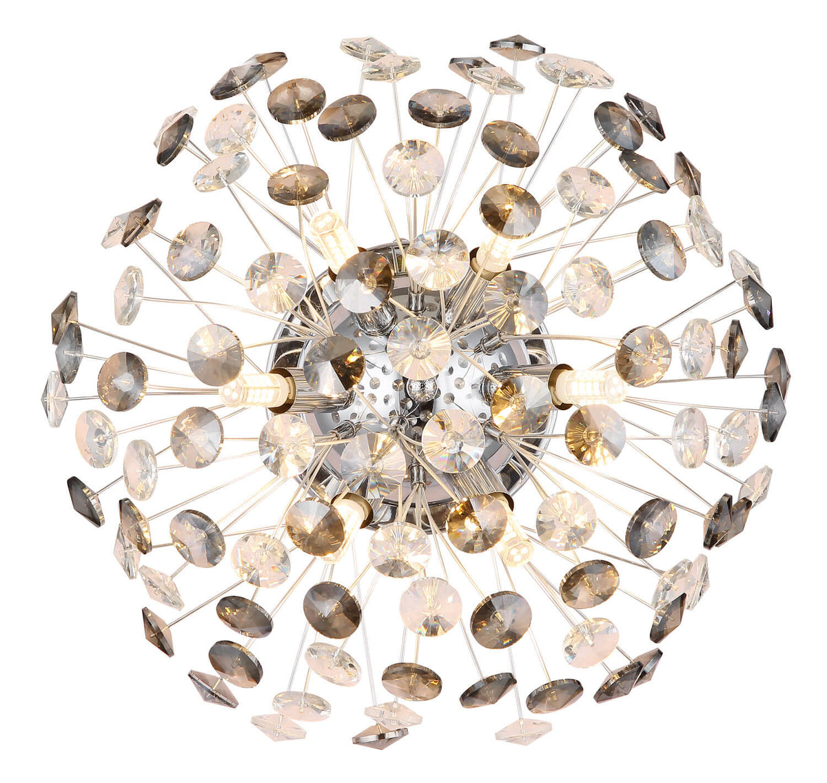 Détail du luminaire allumé, ampoules visibles au cœur des tiges rayonnantes