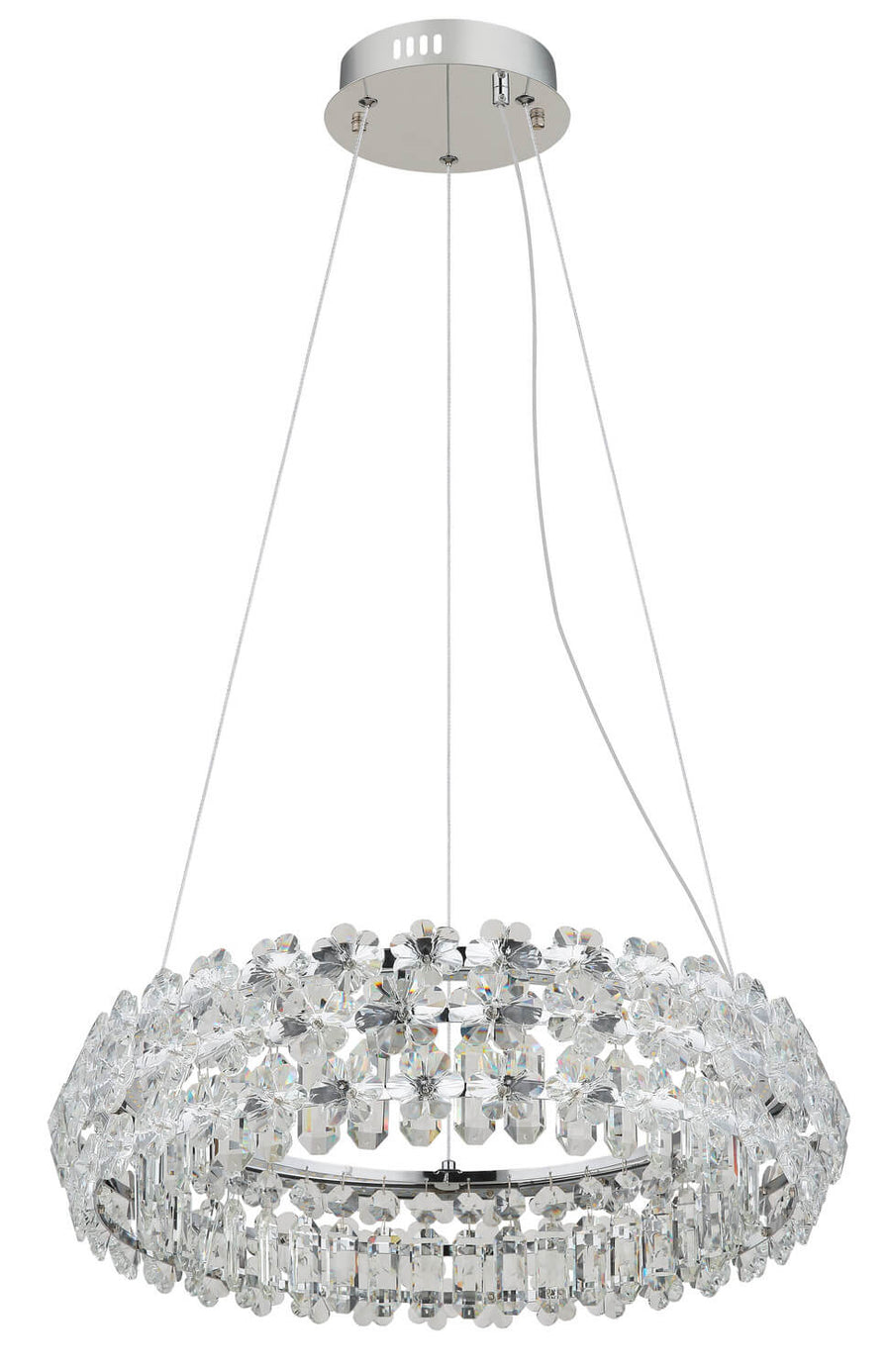 Vue d'ensemble de la suspension cristal montrant le support plafond chromé