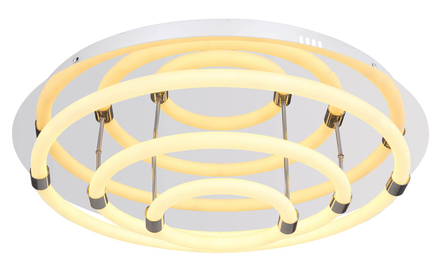Vue de face du plafonnier, cercles LED emboîtés et tiges chromées apparentes