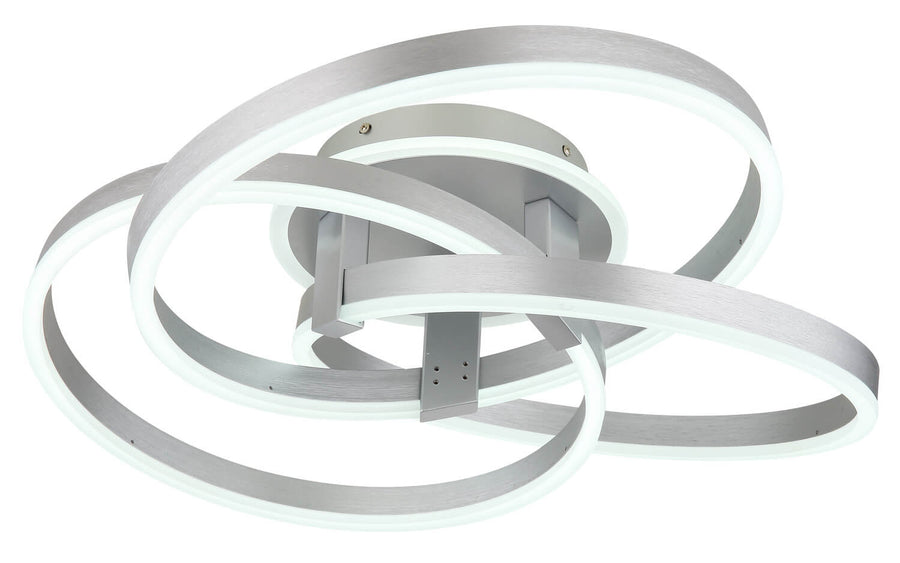 Même luminaire en lumière froide, détail des anneaux métalliques et du socle central