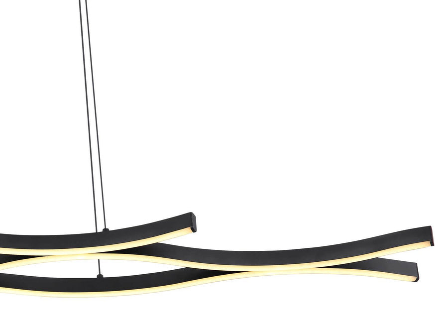 Détail des lames incurvées noires et du bandeau LED jaune intégré sous la structure.