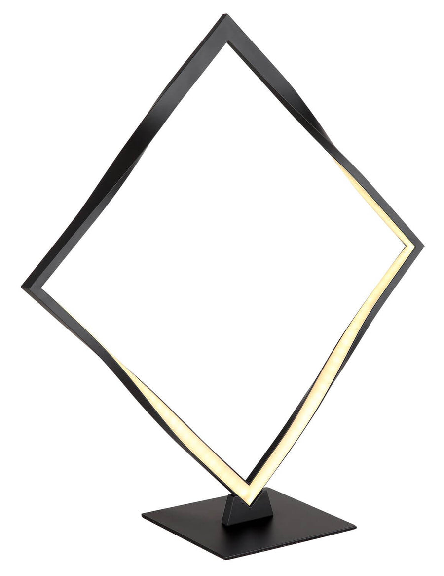 Lampe à poser noire mat en forme de cadre carré incliné, allumée