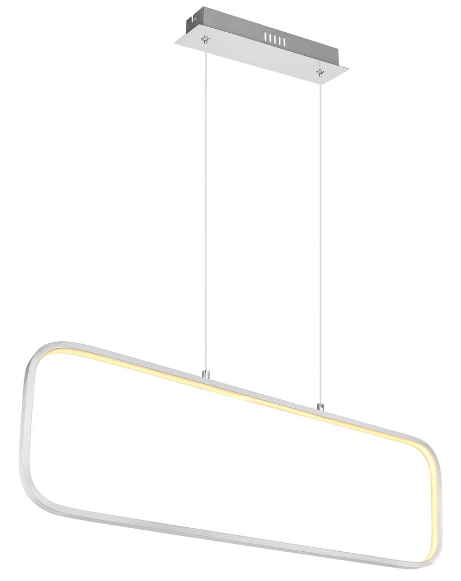 Vue de face du luminaire suspendu au cadre rectangulaire aux angles arrondis