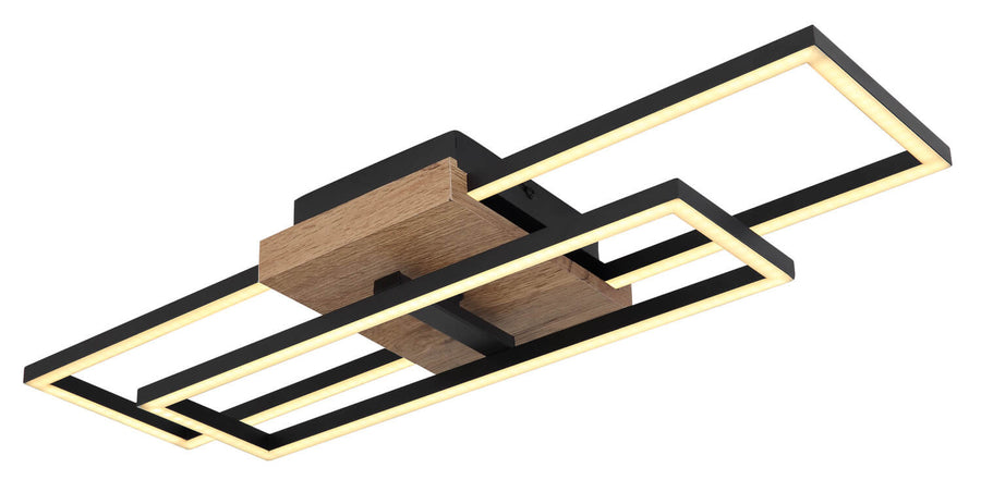 Autre angle du luminaire géométrique noir et bois avec diffuseurs LED allumés.