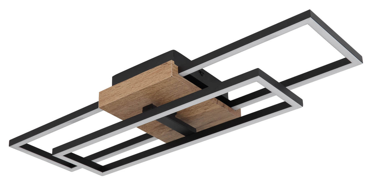 Vue de trois quarts du plafonnier éteint avec structure noire et insert bois.