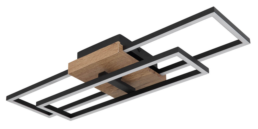 Vue de trois quarts du plafonnier éteint avec structure noire et insert bois.
