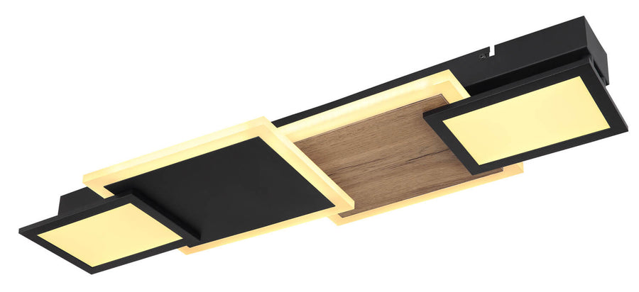 Vue inclinée du luminaire plafonnier, cadre noir mat, panneau central en bois et diffuseurs lumineux.