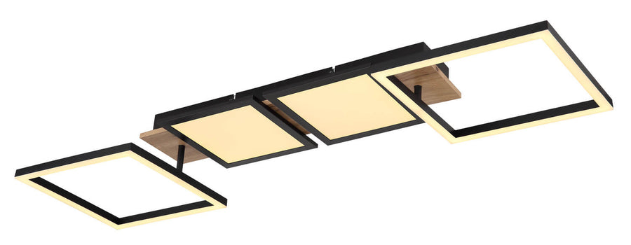 Second angle du luminaire sur fond blanc, structure noire et diffuseurs chauds