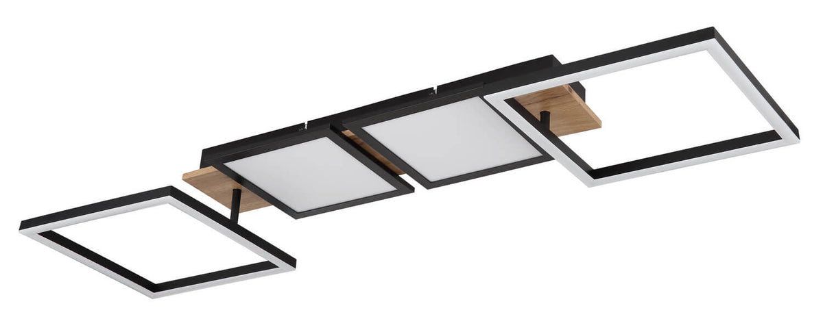 Vue de trois quarts du plafonnier avec diffuseurs blancs, structure noire et bois