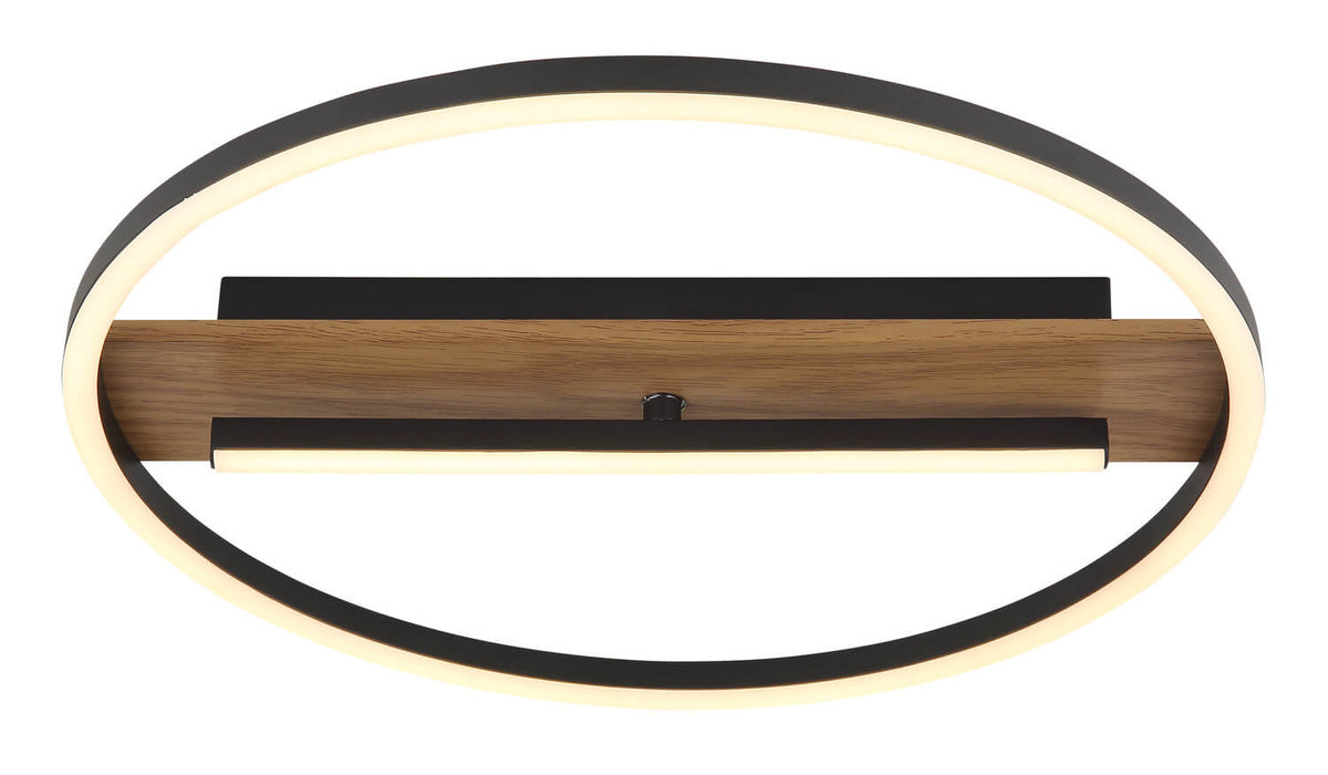 Vue frontale du plafonnier avec anneau lumineux et traverse en bois