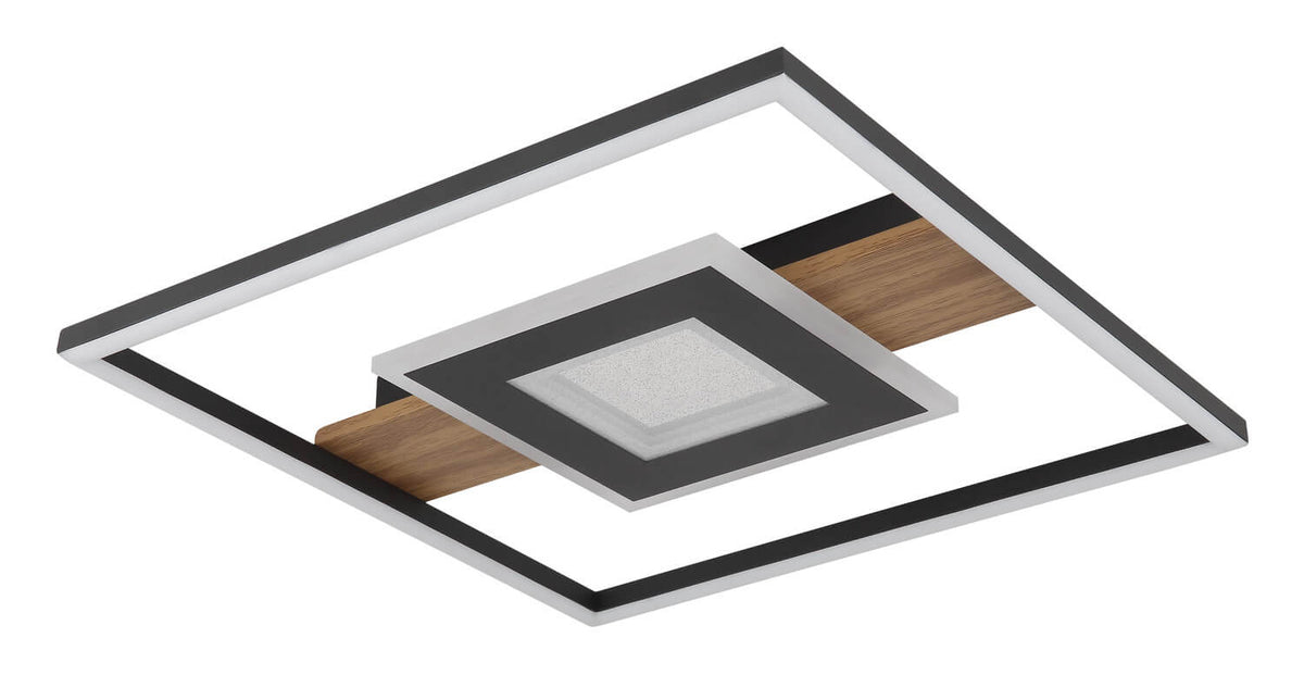 Vue de trois quarts du plafonnier, cadre carré noir et insert en bois