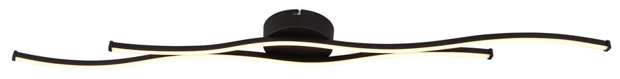 Vue de face du luminaire noir, longueur totale et profil ondulé des bras LED.