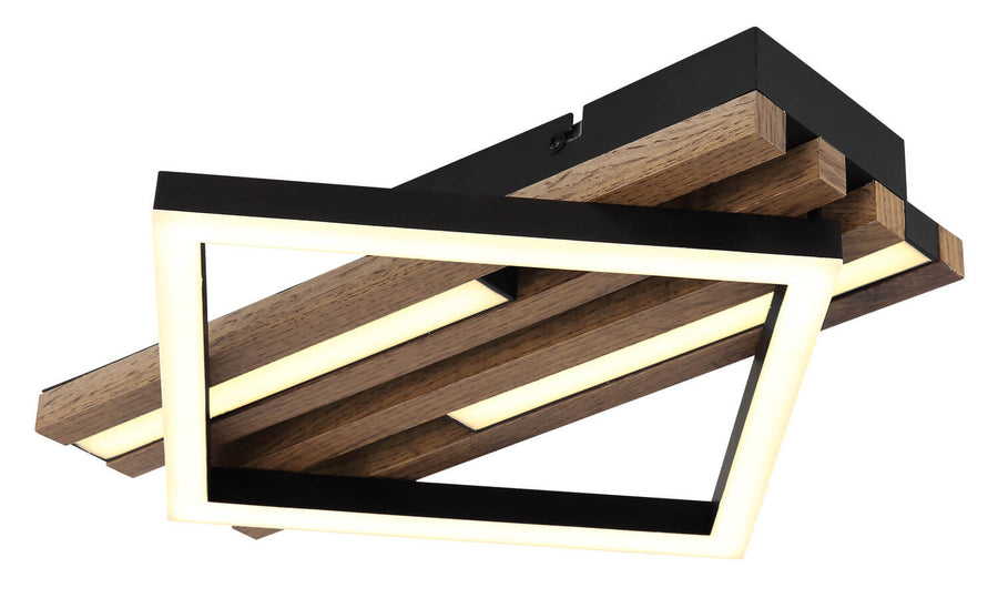 Second angle rapproché montrant le cadre lumineux allumé et les lames bois foncé