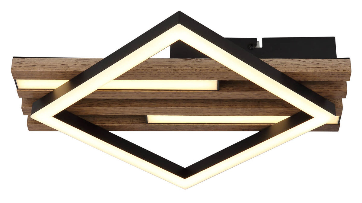 Vue de face en losange, LED allumée, structure bois et métal noir mat