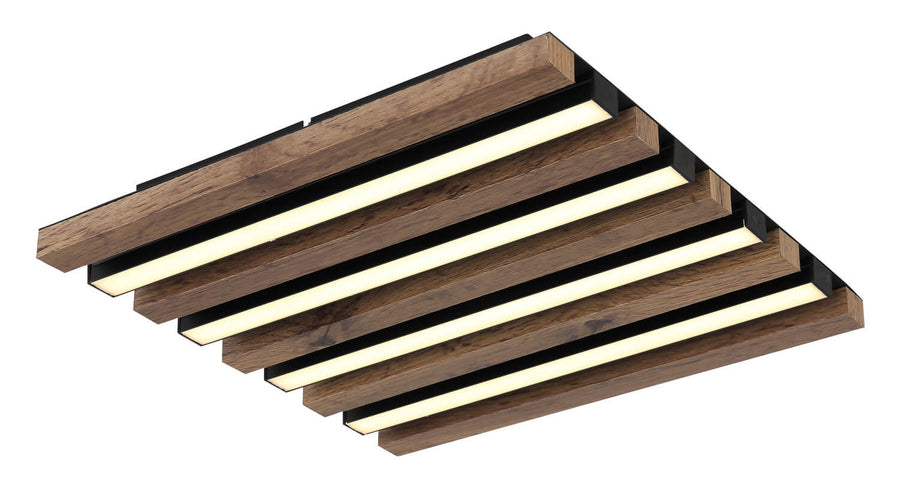 Vue rapprochée du plafonnier allumé, lattes de bois et bandes lumineuses chaudes