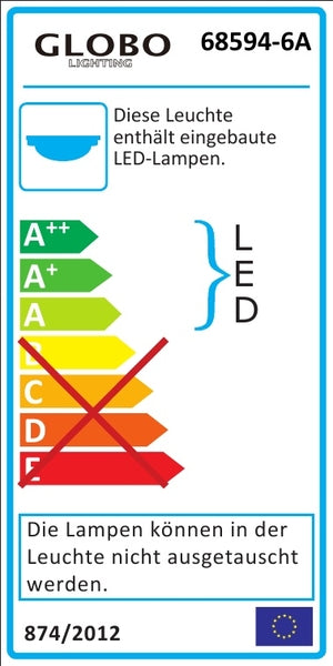 Étiquette énergétique européenne du luminaire LED avec ampoules intégrées non remplaçables et classes d'efficacité.