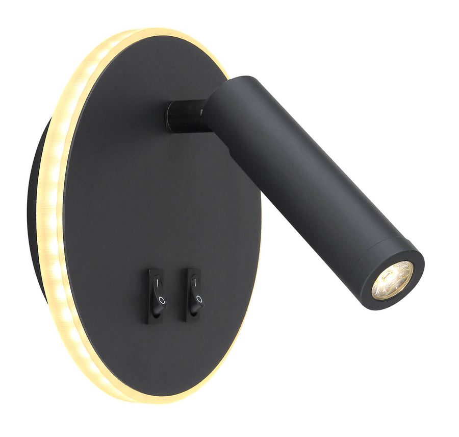 Vue de trois quarts de l'applique noire, halo périphérique allumé et bras de lecture orientable