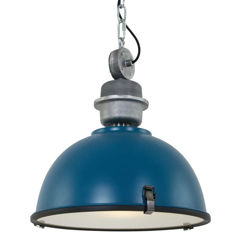 Suspension bleu canard isolée sur fond blanc, montrant le dôme et la chaîne.