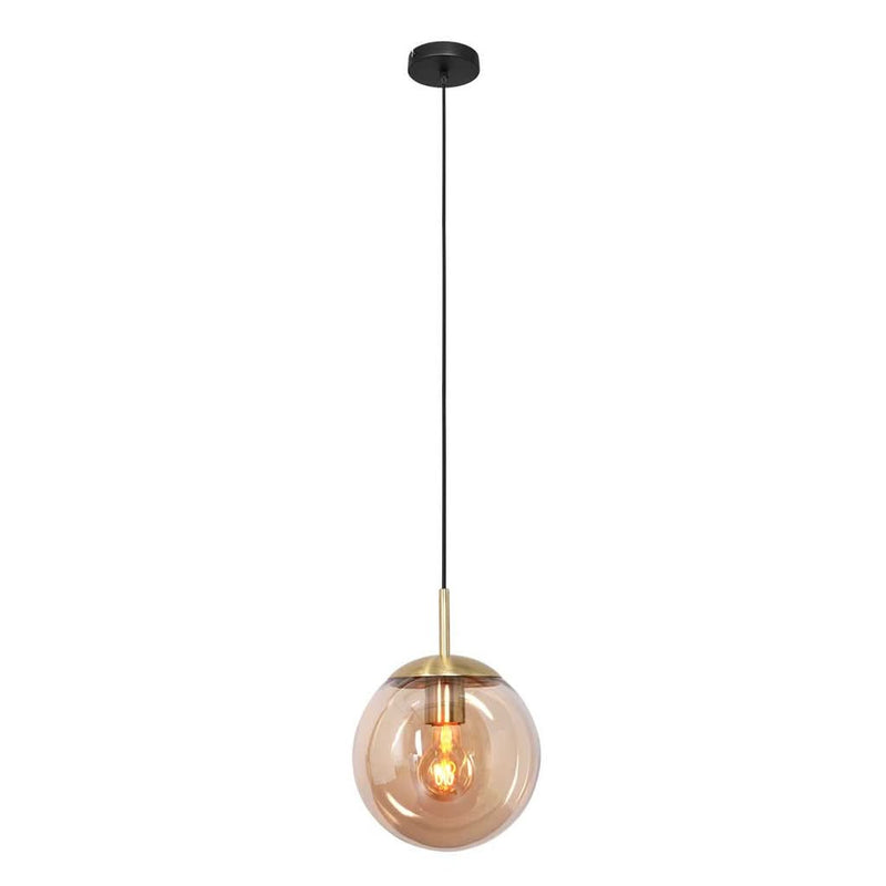 Amber blown glass and brass pendant light, Ø 30 cm globe | Bollique 3498ME