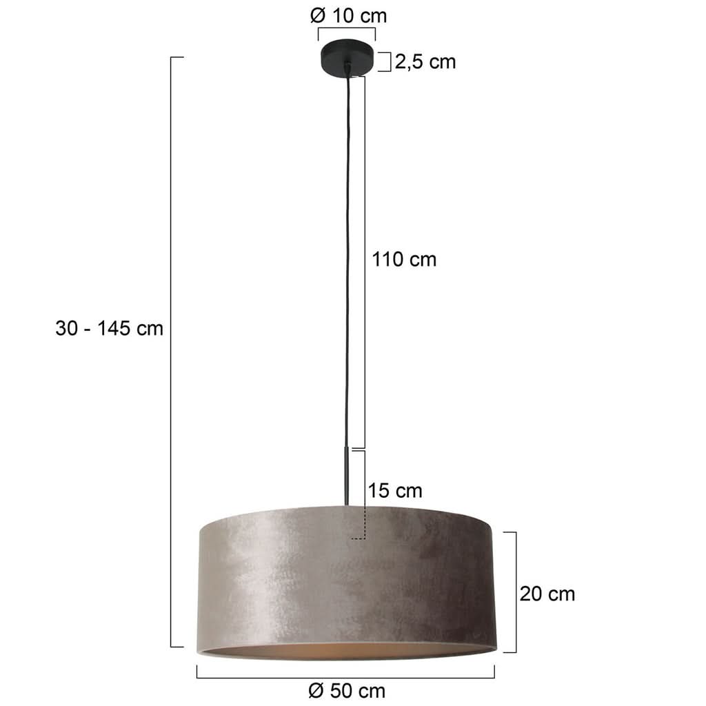 Schéma coté du luminaire avec hauteur réglable, diamètre et longueur du câble