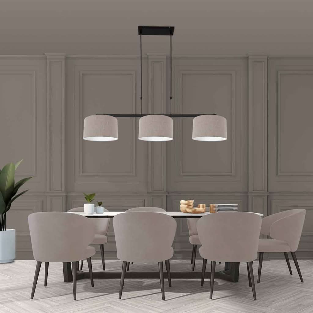 3-light pendant lamp, black bar, grey linen shades | Stang