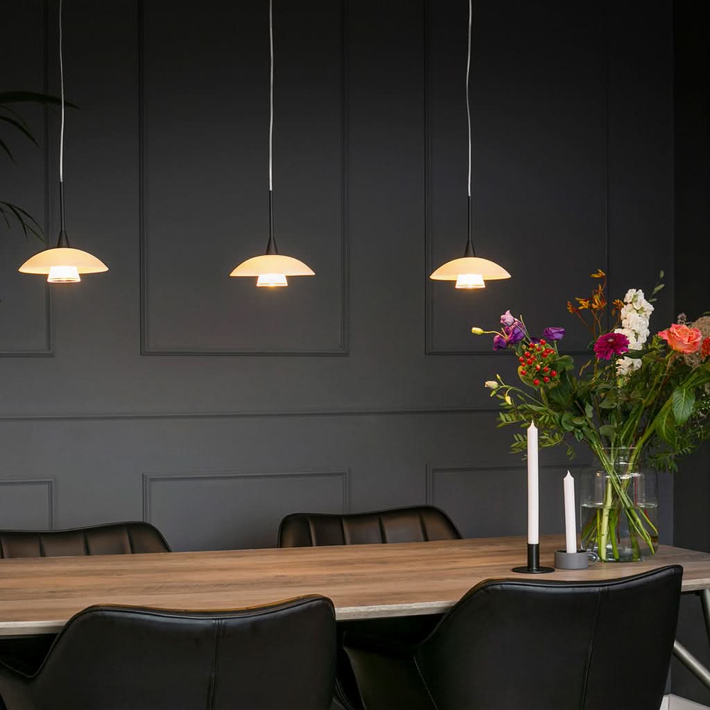 Black 3-light pendant lamp, white glass diffusers | Tallerken