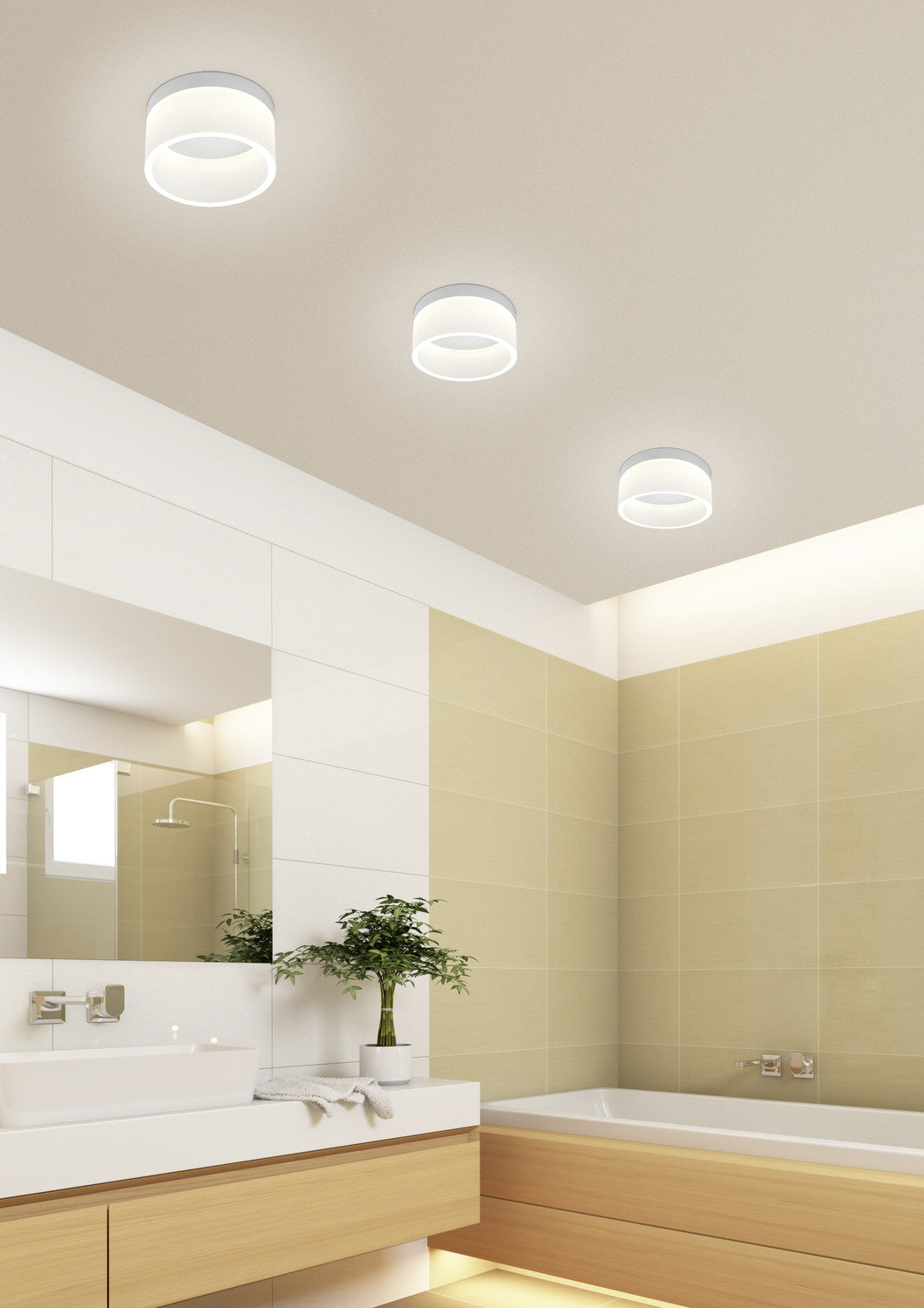 Mise en ambiance de trois plafonniers allumés au plafond d'une salle de bain claire