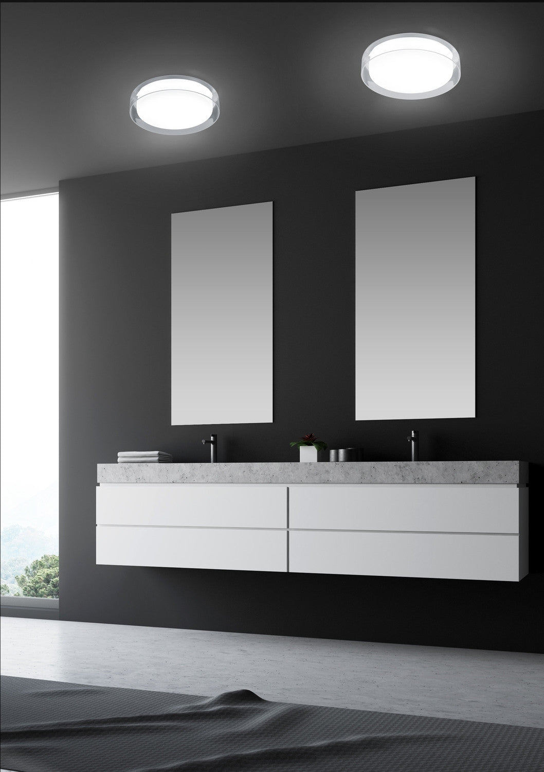 Mise en ambiance de deux plafonniers identiques dans une salle de bain moderne