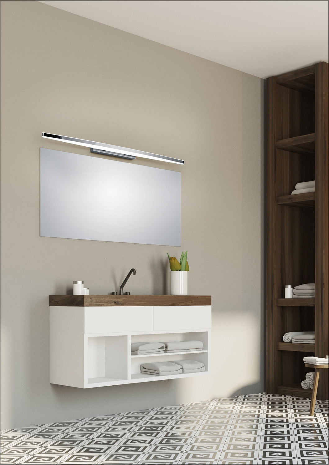 Ambiance de salle de bain avec applique murale chromée installée au-dessus d'un miroir