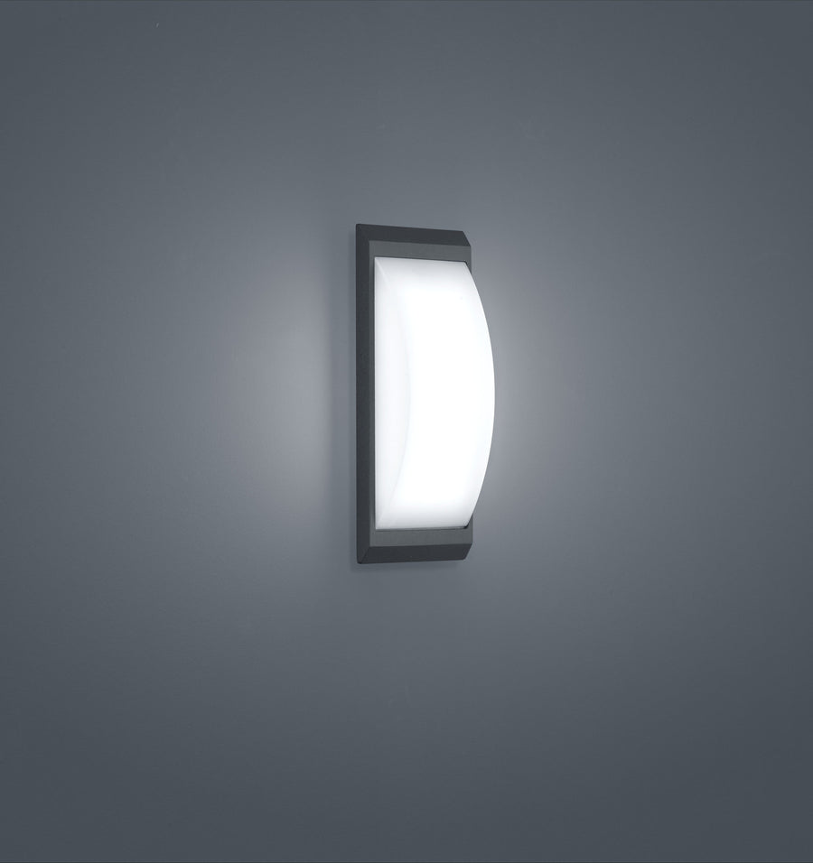 Applique murale anthracite vue de face, diffuseur blanc bombé allumé sur mur gris