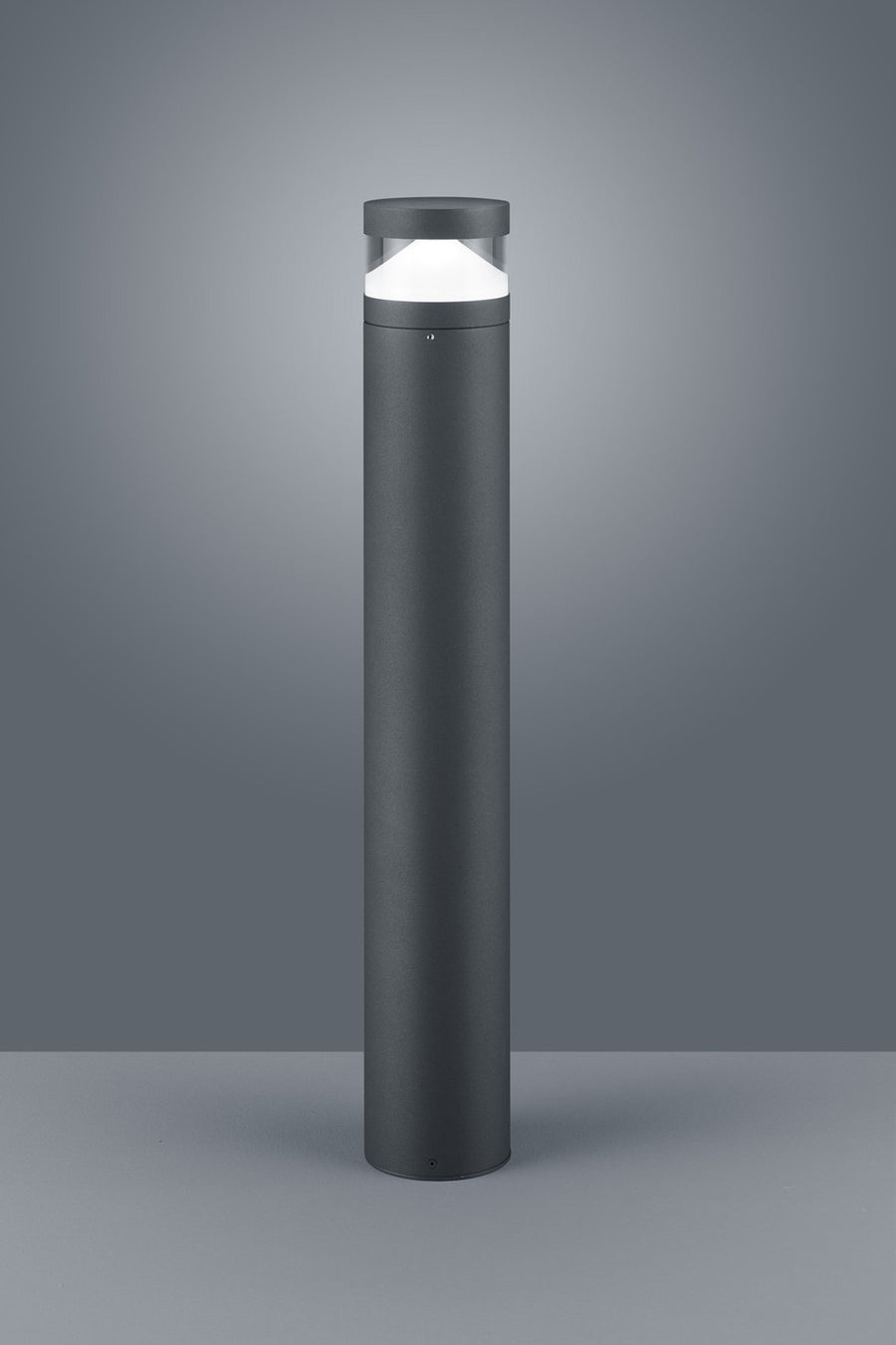 Vue rapprochée de la tête de borne anthracite avec diffuseur blanc et capot.