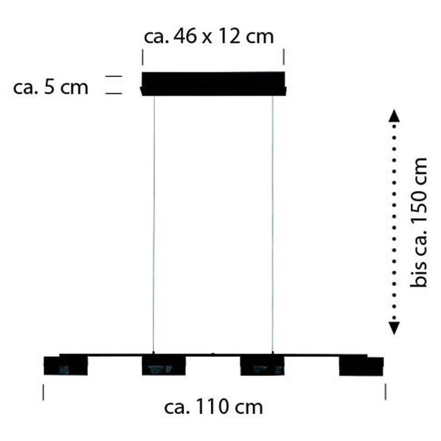 Schéma de dimensions avec largeur 110 cm, hauteur réglable et plaque de plafond.
