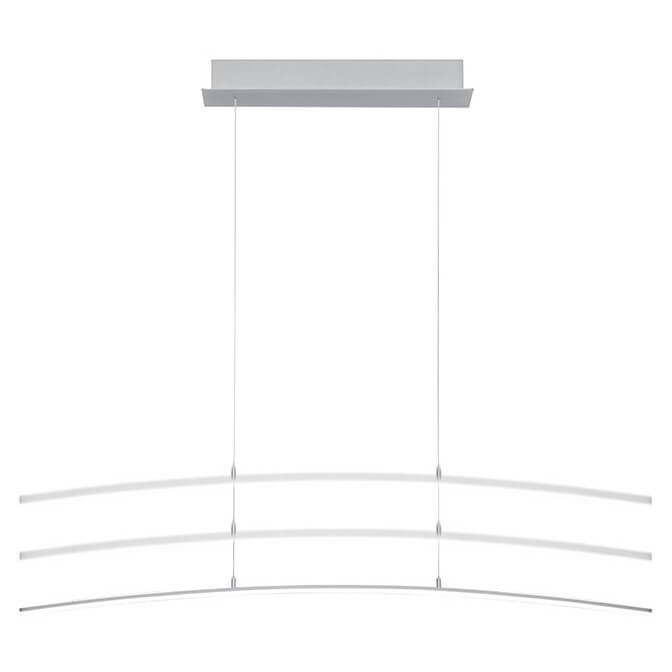 Suspension présentée de trois quarts avec barre cintrée et fixation rectangulaire au plafond
