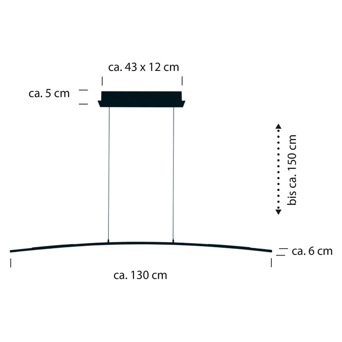 Schéma coté du luminaire indiquant les dimensions du support, des câbles et de la barre