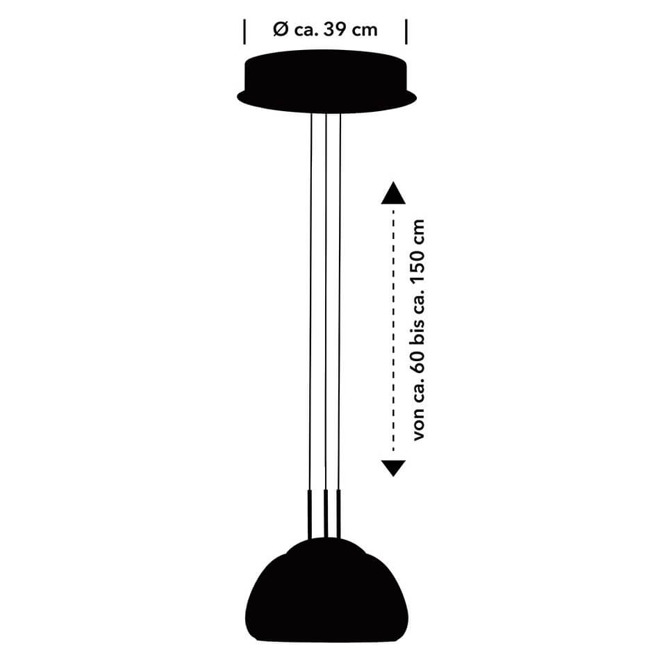 Schéma coté : diamètre 39 cm et hauteur réglable de 60 à 150 cm