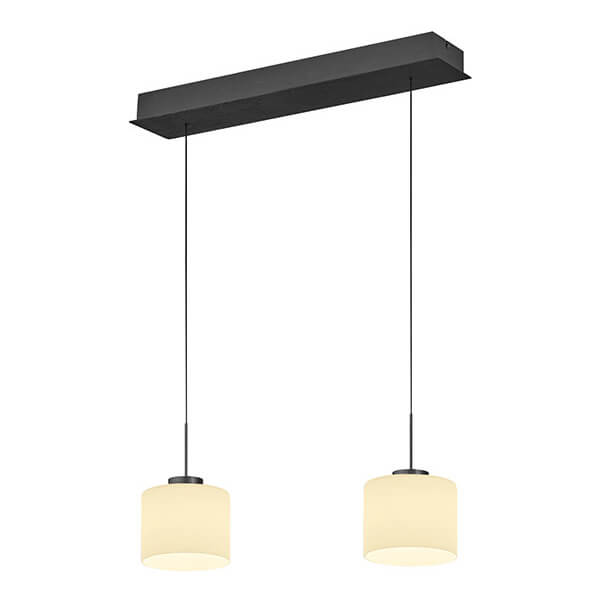 Vue en perspective du luminaire suspendu avec deux cylindres opale et structure anthracite.
