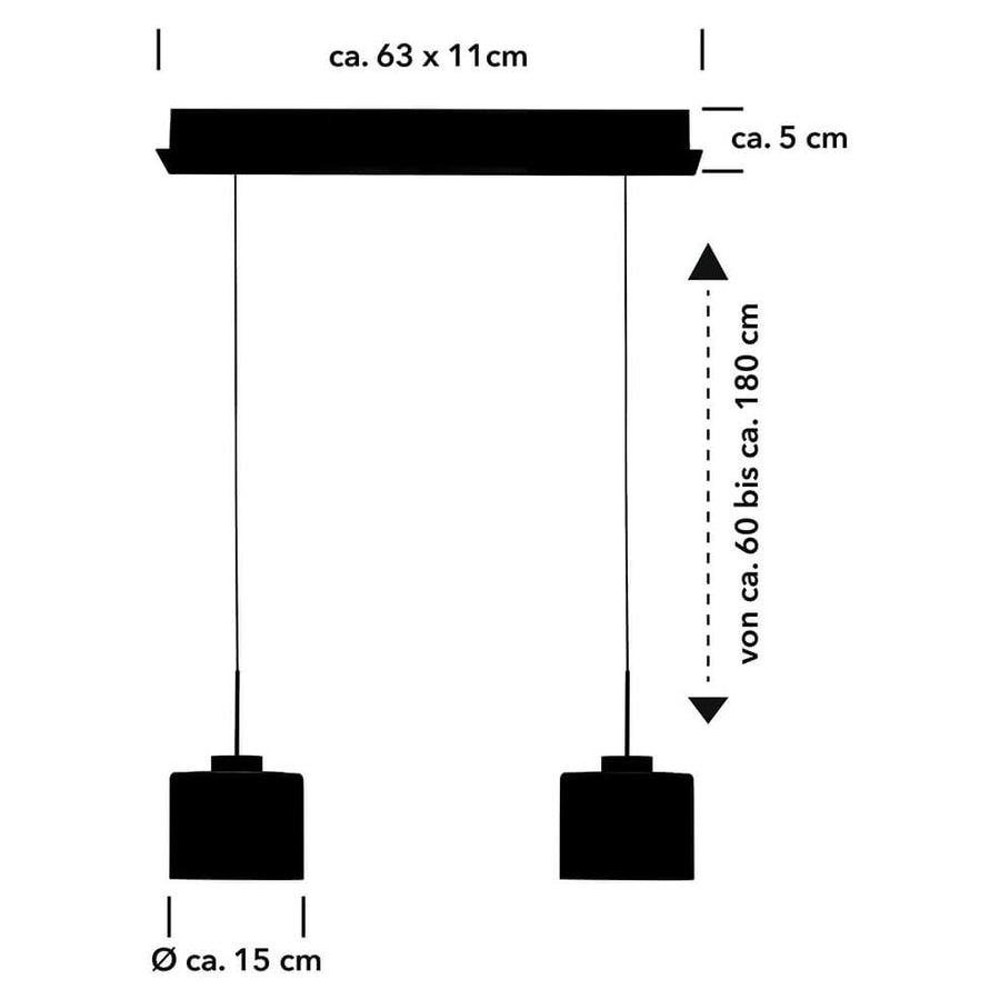 Schéma coté du luminaire : largeur 63 cm, hauteur réglable 180 cm, diamètre 15 cm.