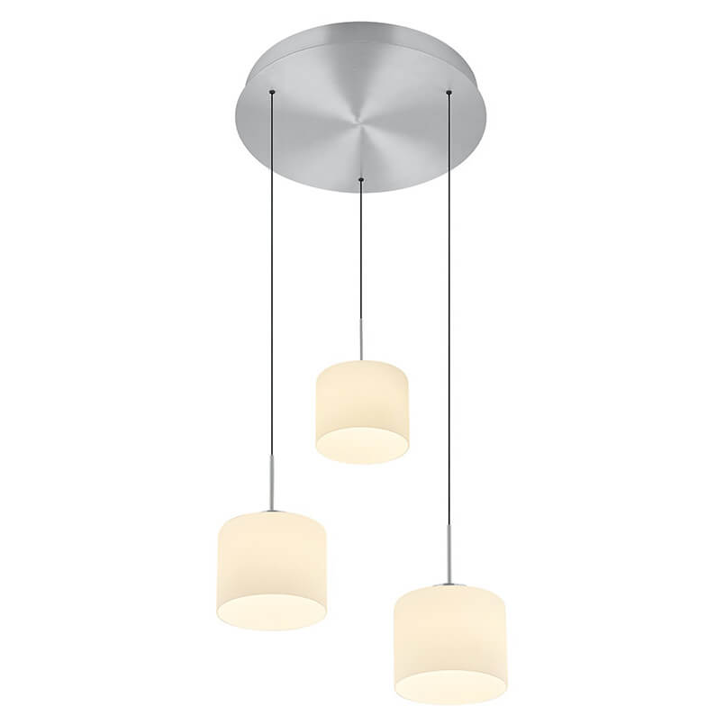 Vue rapprochée des trois diffuseurs cylindriques ivoire et de leurs attaches métalliques chromées.
