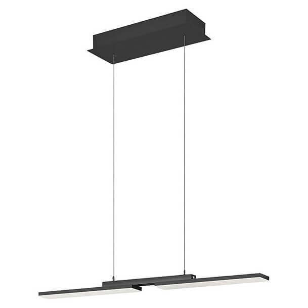 Vue trois quarts montrant la suspension anthracite, son socle plafond et la barre