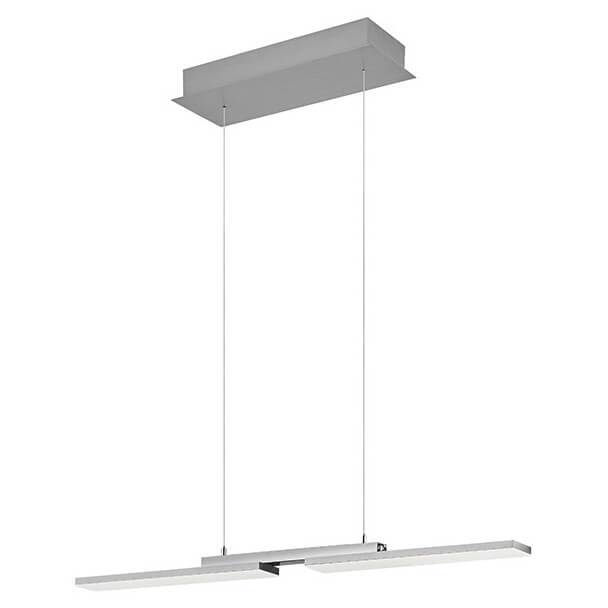 Vue trois-quarts du luminaire montrant le profil et les câbles de suspension