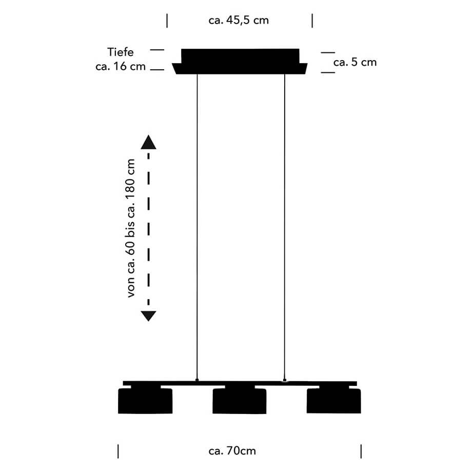 Schéma coté : largeur 70 cm, hauteur de câble réglable de 60 à 180 cm