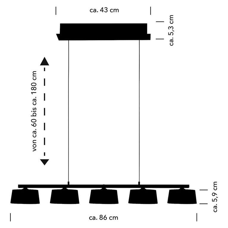 Schéma coté indiquant largeur 86 cm, hauteur réglable 60 à 180 cm