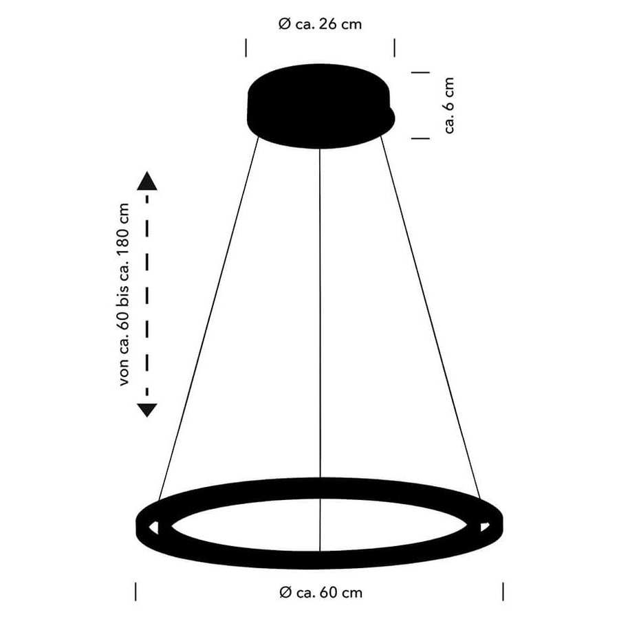 Schéma coté du luminaire avec diamètre et hauteur réglable de suspension